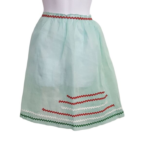 Vintage 50s 60s Half Apron Sheer Mint Green Rick Rack Trim Party Entertaining - Picture 2 of 6